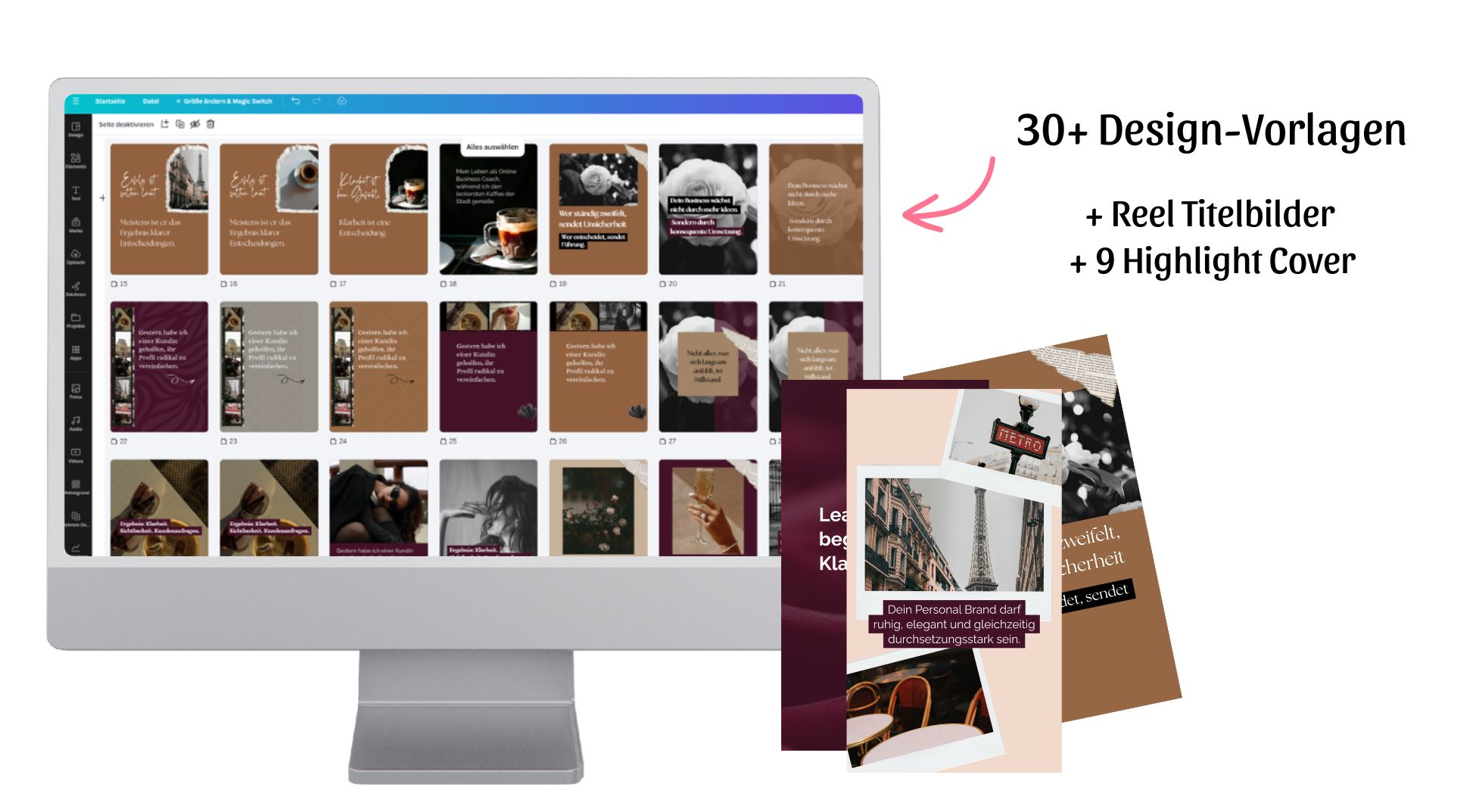 Instagram Design Vorlagen Set: Week in Paris Templates Canva für Karussell Posts und Reel Titelbilder
