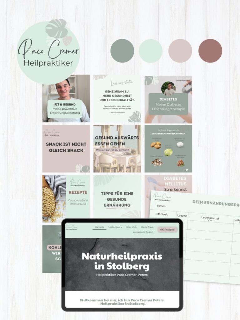 Branding Ergebnisse Brand Design und Feed Design sowie Social Media Look Paco Heilpraktiker