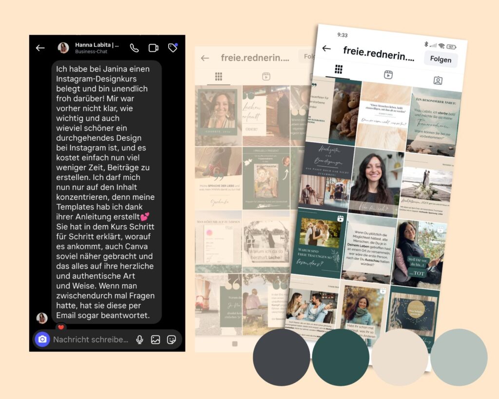 Mockup Branding Onlinekurs Kundin von ihrem Feed mit Farben und Feedback