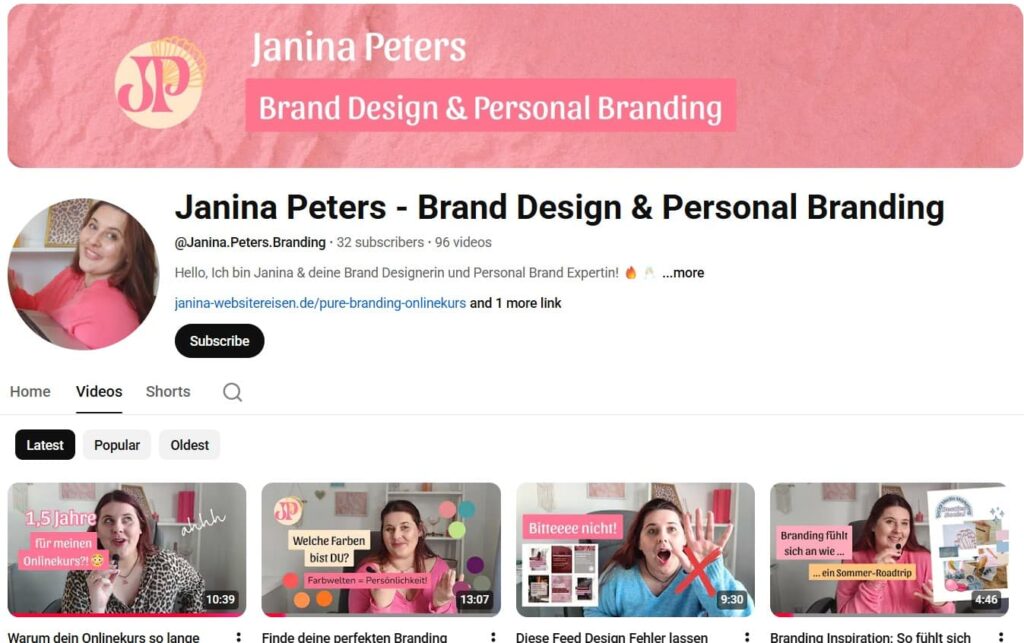 Youtube Kanal Screenshot von Janina Peters Brand Designerin für Personal Brands